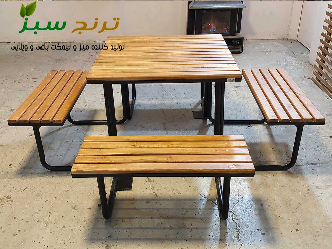 میز و نیمکت 8 نفره چوب و فلز برای فضای باز و باغی محوطه تولید ترنج سبز