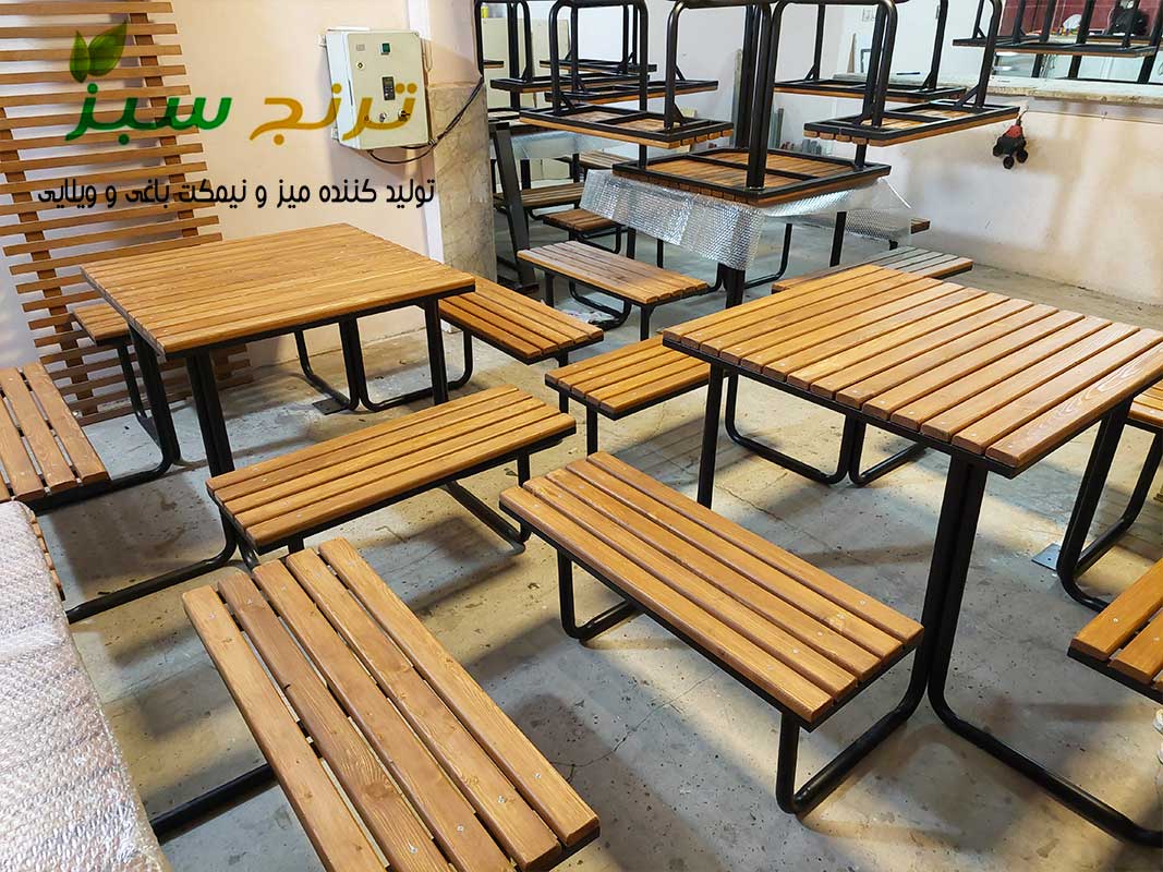 میز و نیمکت 8 نفره چوب و فلز برای فضای باز و باغی محوطه تولید ترنج سبز