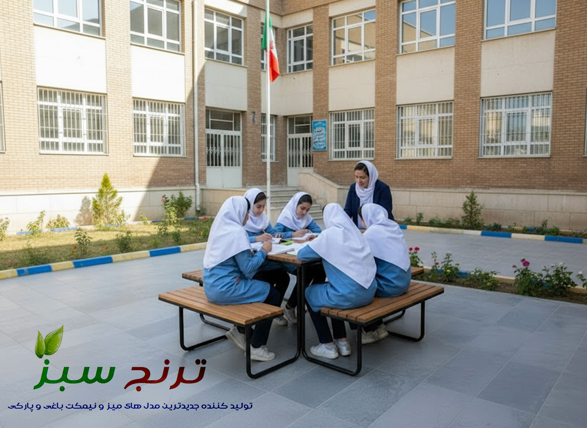 برگزاری کلاس درسی و کار گروهی دانش اموزان بر روی میز و صندلی 8 نفره در فضای باز و محوطه باز مدرسه