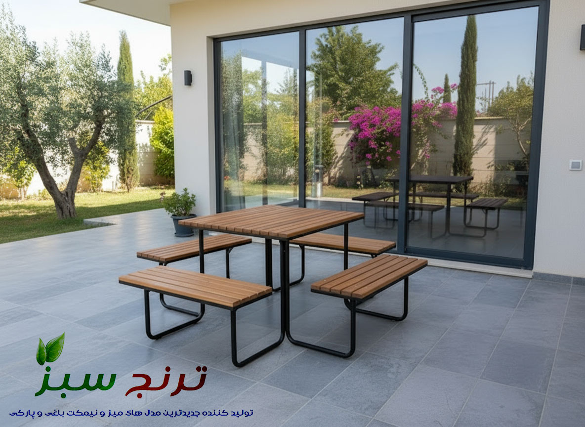 میز و نیمکت باغی 8 نفره از جنس چوب و فلز در فضای باز باغ و ویلا با دیزاین و طراحی مدرن