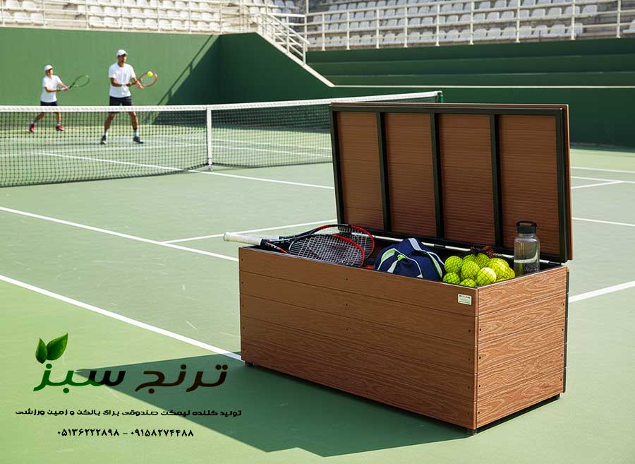 box-for-tennis-sport وسایل ورزشی مسابقه دهنده ها داخل باکس جادار در کنار زمین ورزشی است.