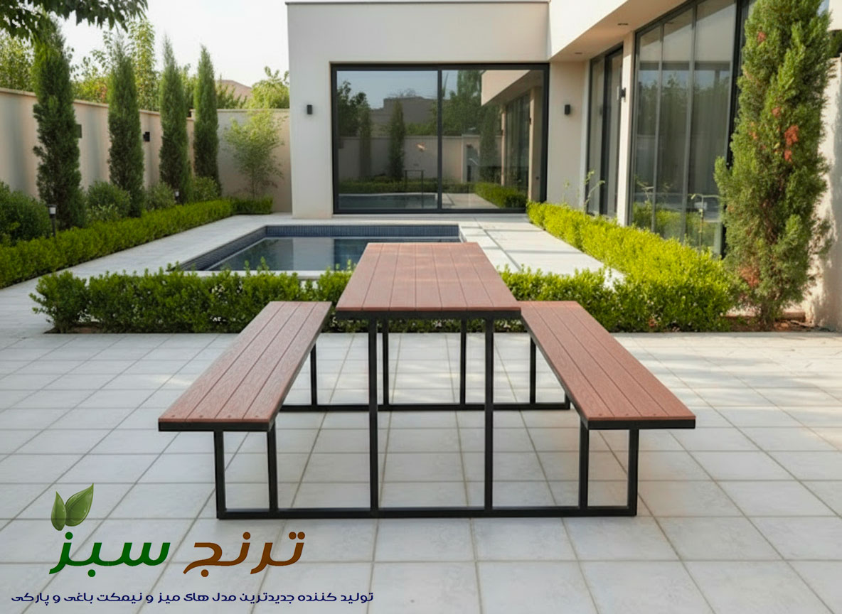 ست میز و نیمکت بای 8 نفره و 6 نفره از جنس چوب ضد آب و چوب پلاست تولید صنایع ترنج سبز