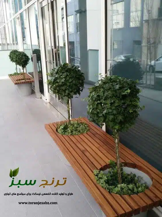 bench-for-commercial-center-116 نیمکت دارای دو فلاور باکس از چوب ترموود