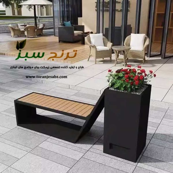 نیمکت گلدان دار از جنس چوب ترموود و فریم فلز مشکی