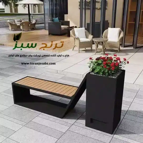 bench-for-commercial-center-130 نیمکت گلدان دار از جنس چوب ترموود و فریم فلز مشکی