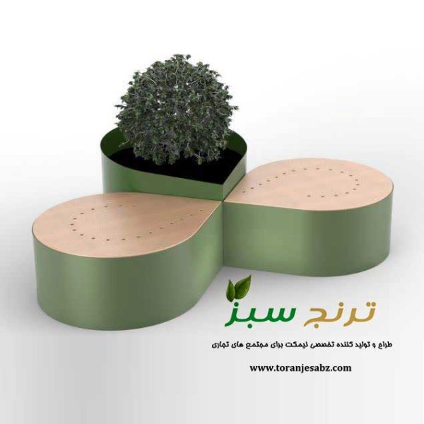 نشیمن دایره با گلدان برای داخل لابی مرکز خرید وفضای باز از جنس چوب ترموود و فلز سبز رنگ