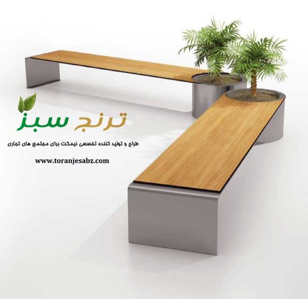 طرح صندلی و نشیمن زیبا دارای گلدان در کنار نیمکت